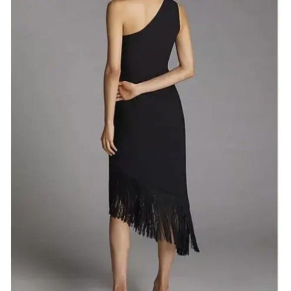 New Anthropologie HutchNWT Fringed Fringe One-Shoulder Midi Dress Black Size S - Picture 3 of 7